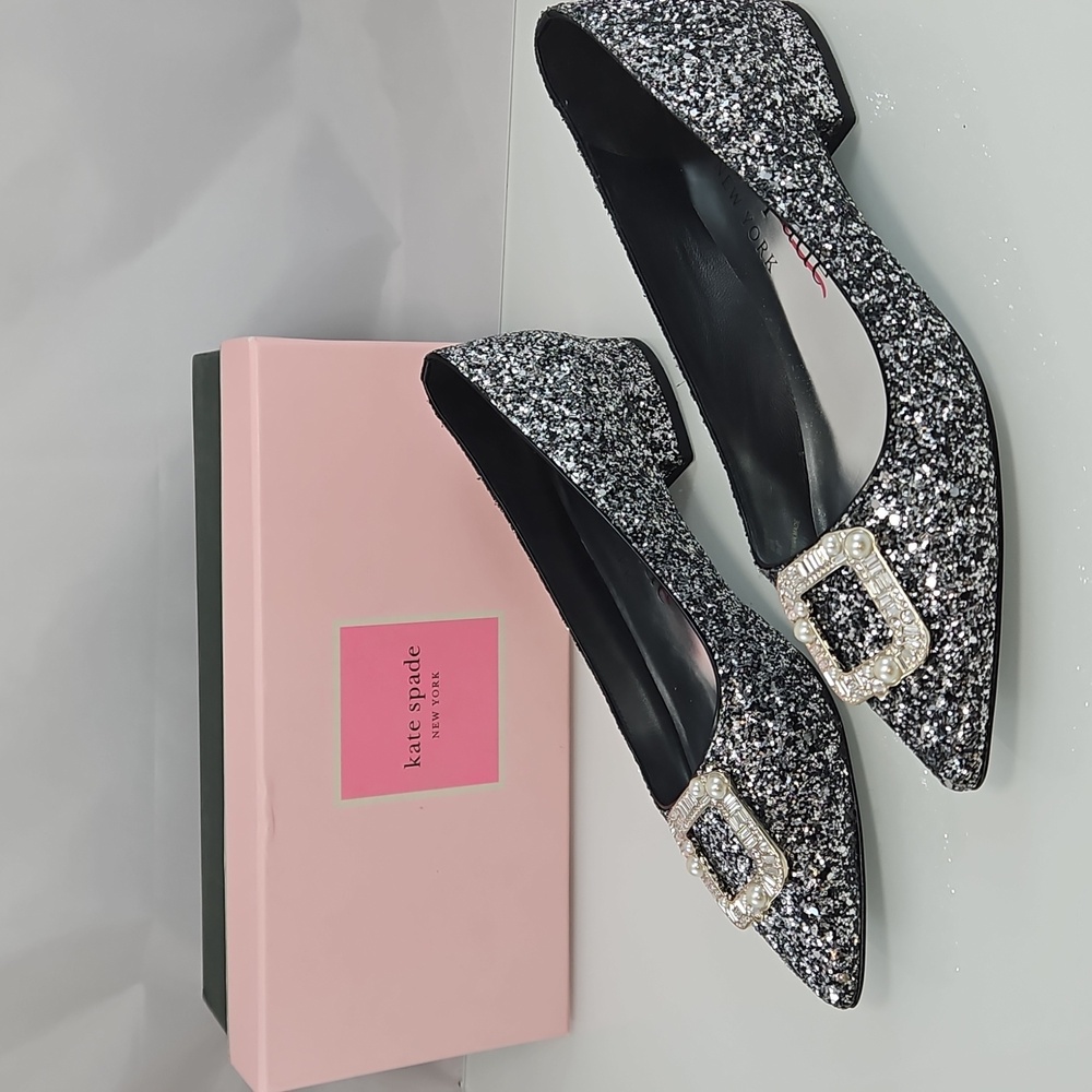 Kate Spade Silver Buckle Up Glitter Flats Size 38.5
